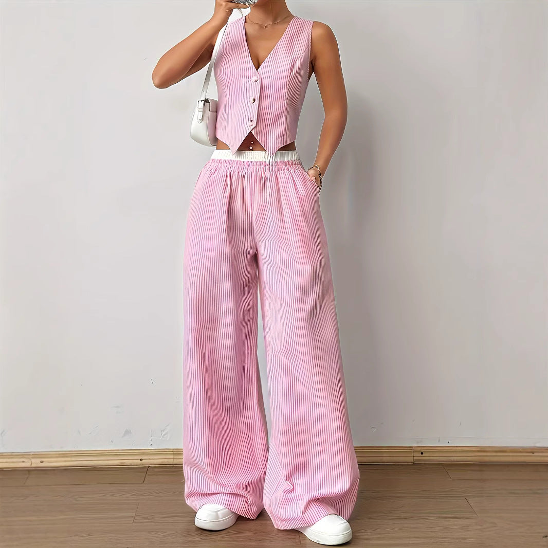 HELENA™ - Conjunto de Top de Alças com Estampa Listrada Elegante e Calças de Perna Larga