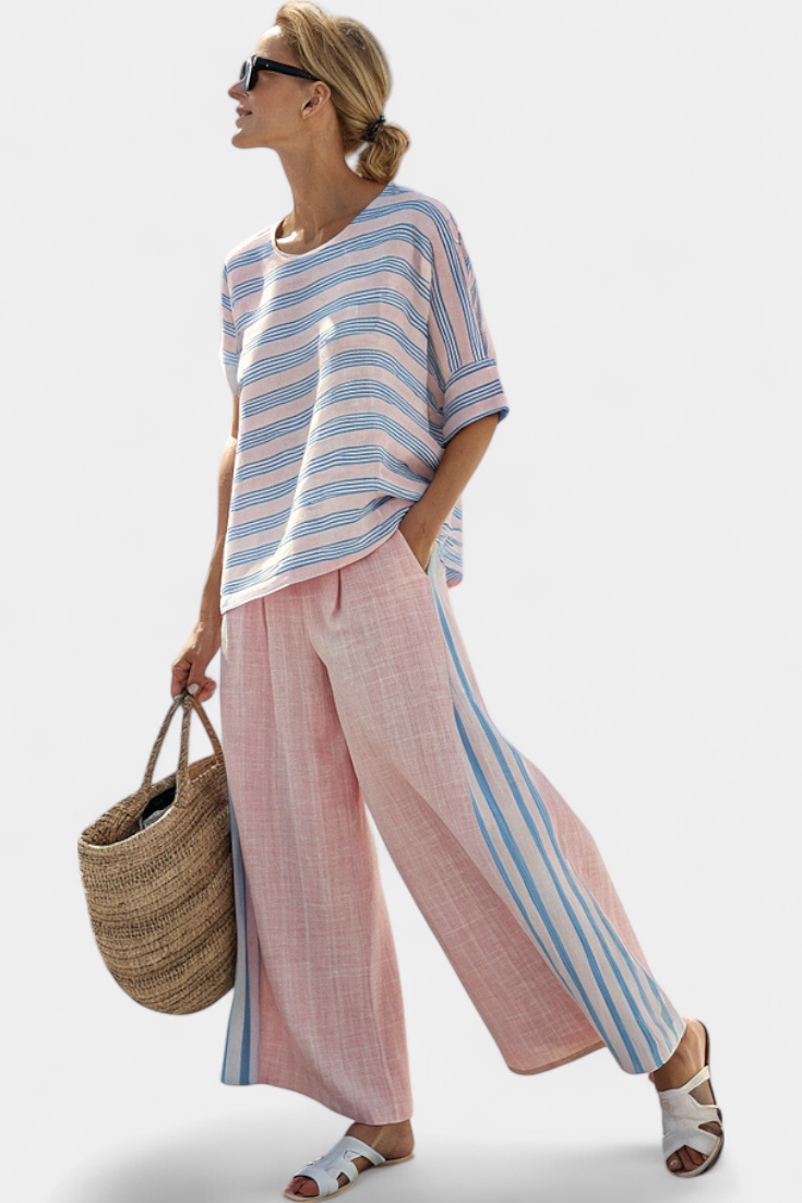 Virella | Blusa de Linho Elegante Rosa-Azul & Calças Macias