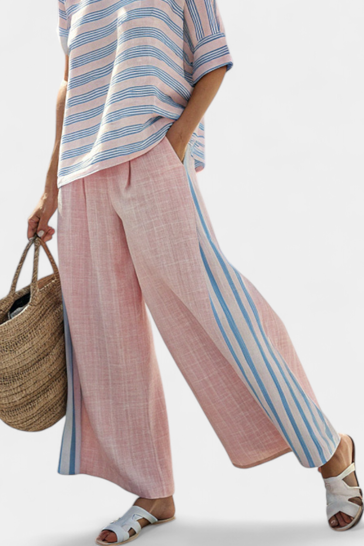 Virella | Blusa de Linho Elegante Rosa-Azul & Calças Macias