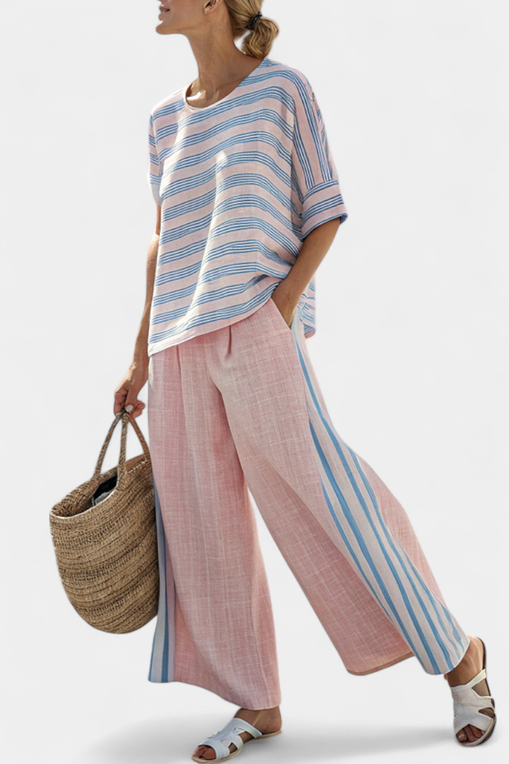 Virella | Blusa de Linho Elegante Rosa-Azul & Calças Macias