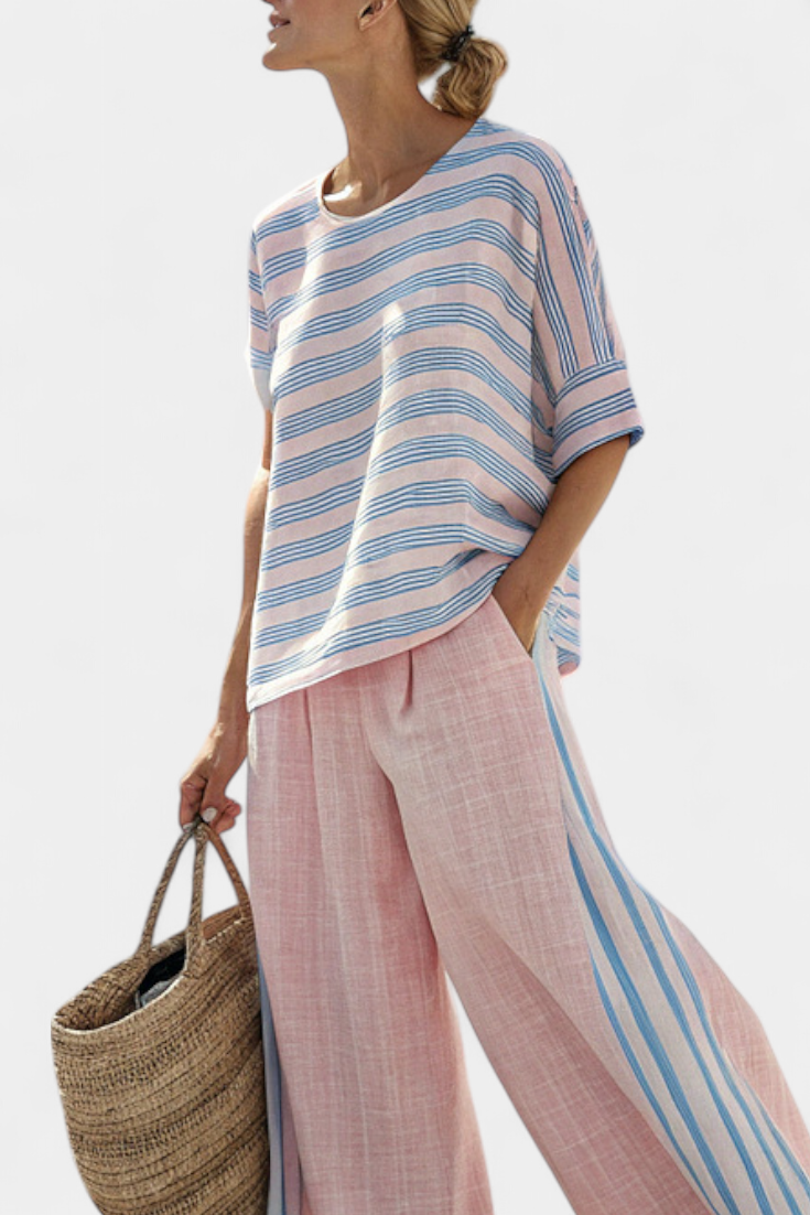 Virella | Blusa de Linho Elegante Rosa-Azul & Calças Macias