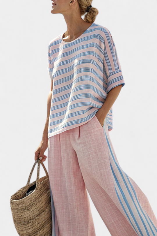Virella | Blusa de Linho Elegante Rosa-Azul & Calças Macias