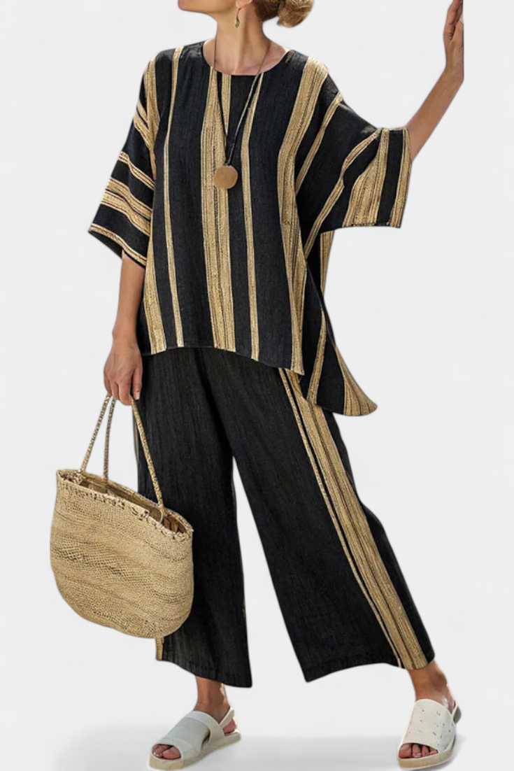 Calden | Conjunto Confortável de Top Listrado Oversized e Calças de Linho Relaxadas