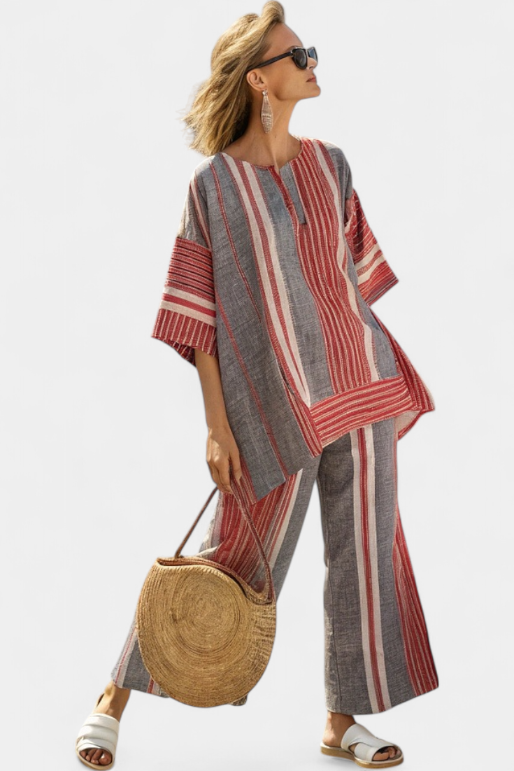 Bravine | Top de Linho Elegante Coral-Cinza e Calças de Perna Larga