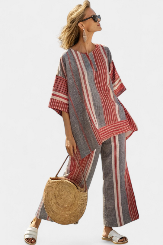 Bravine | Top de Linho Elegante Coral-Cinza e Calças de Perna Larga