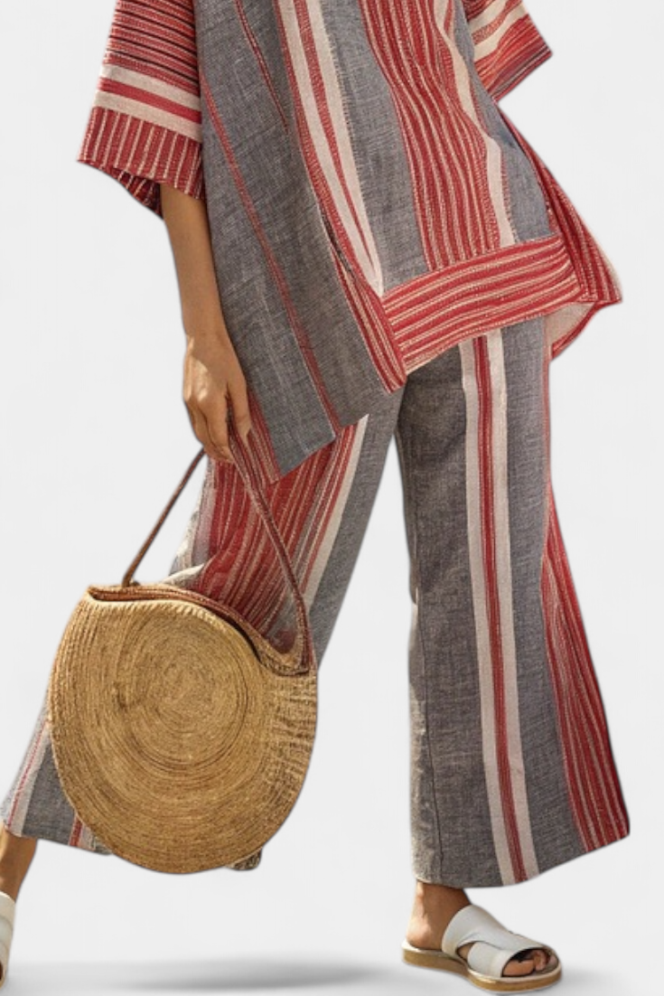 Bravine | Top de Linho Elegante Coral-Cinza e Calças de Perna Larga