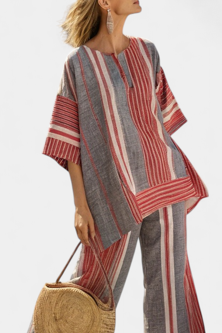 Bravine | Top de Linho Elegante Coral-Cinza e Calças de Perna Larga