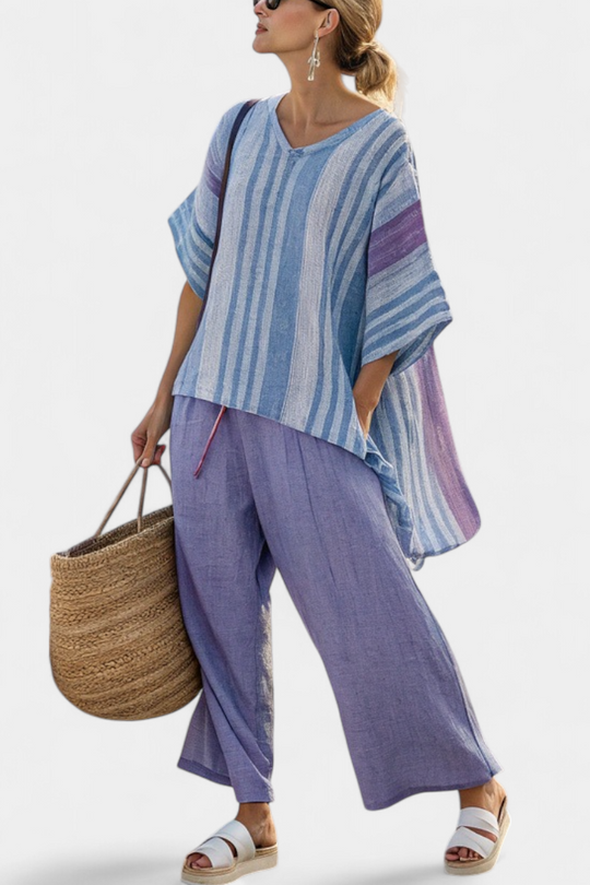 Zellora | Top Elegante em Lavanda e Azul Céu & Calças de Linho