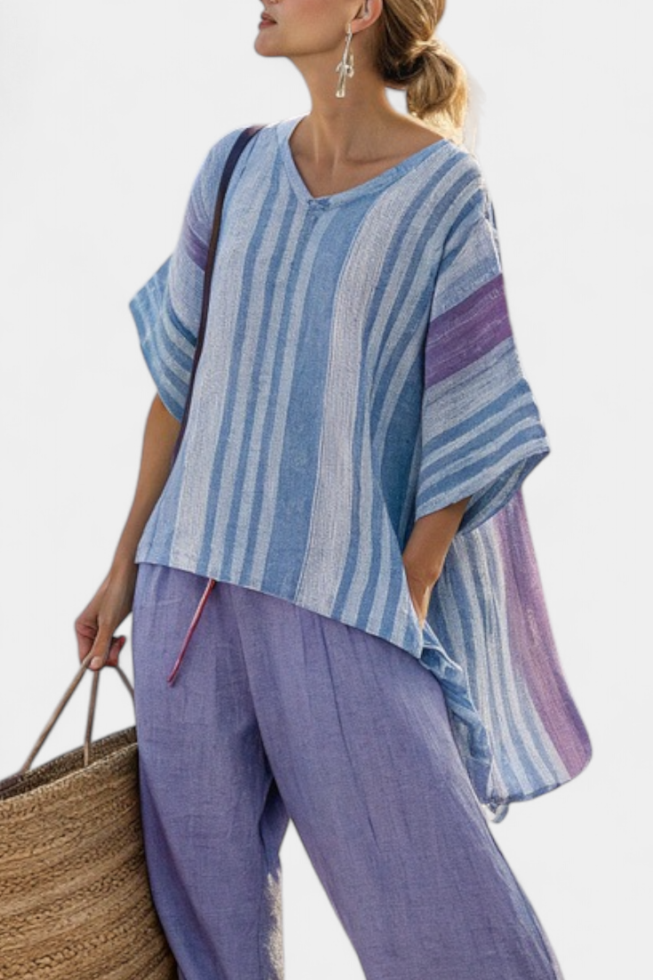 Zellora | Top Elegante em Lavanda e Azul Céu & Calças de Linho