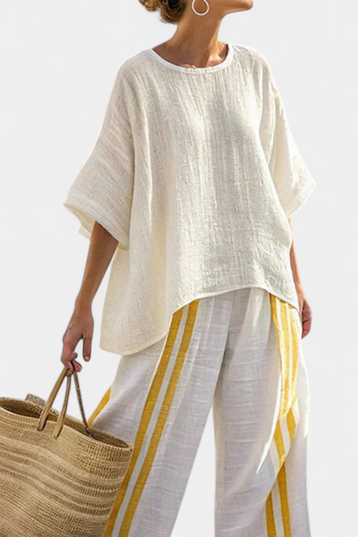 Anselor | Top de Linho Listrado Amarelo Elegante & Calças de Perna Larga