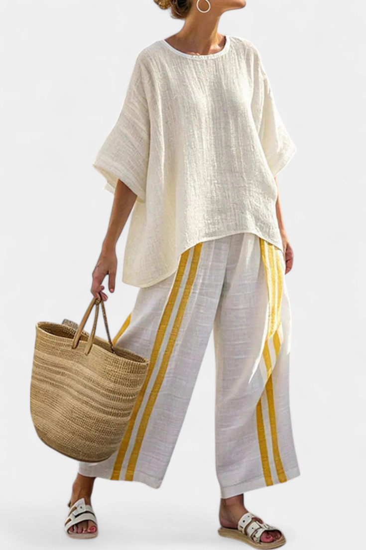 Anselor | Top de Linho Listrado Amarelo Elegante & Calças de Perna Larga