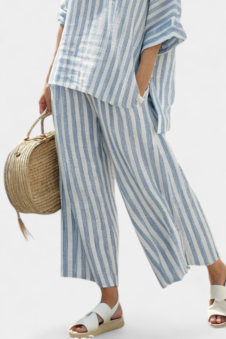 Rensleigh | Top de Linho Listrado Azul Sofisticado & Calças Relaxadas