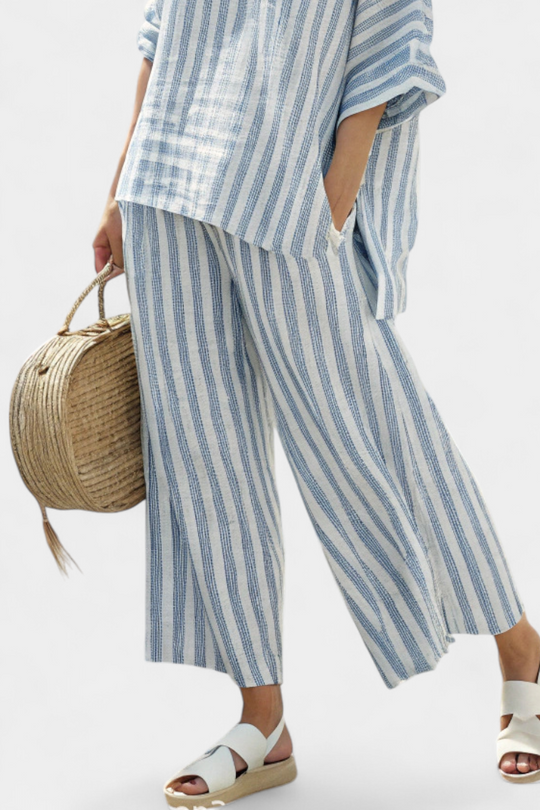 Rensleigh | Top de Linho Listrado Azul Sofisticado & Calças Relaxadas