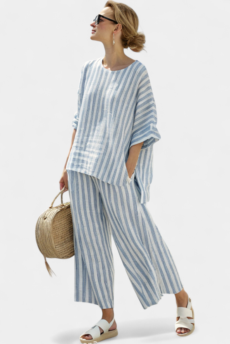 Rensleigh | Top de Linho Listrado Azul Sofisticado & Calças Relaxadas