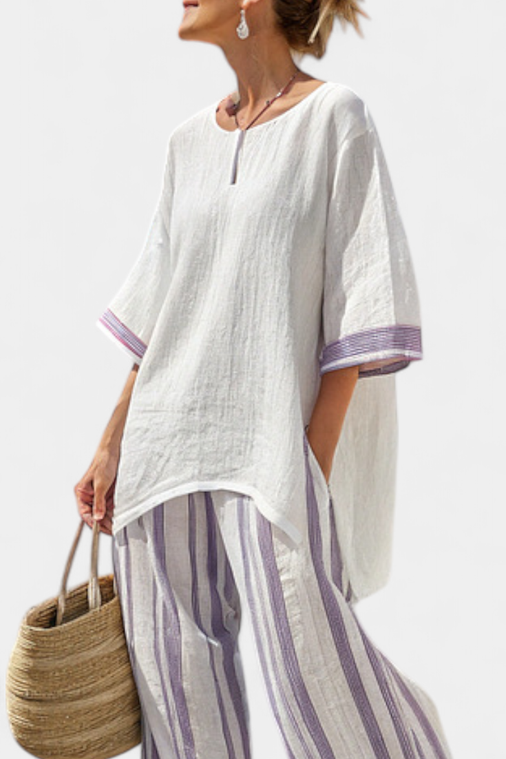 Luxmere | Blusa Relaxada Confortável & Calças de Bambu Listradas
