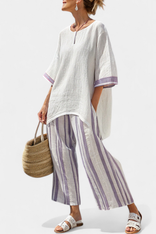 Luxmere | Blusa Relaxada Confortável & Calças de Bambu Listradas