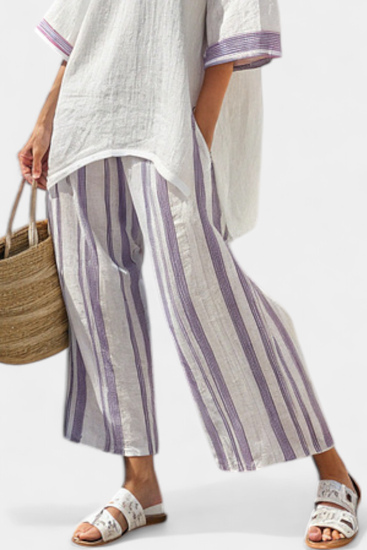 Luxmere | Blusa Relaxada Confortável & Calças de Bambu Listradas