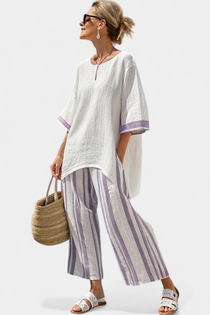 Luxmere | Blusa Relaxada Confortável & Calças de Bambu Listradas
