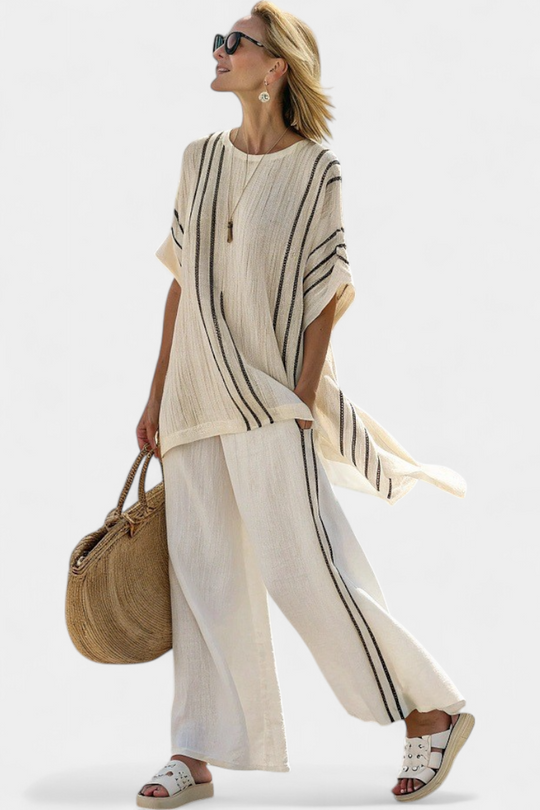 Greysen | Blusa de Linho Elegante em Marfim e Calças Listradas Pretas