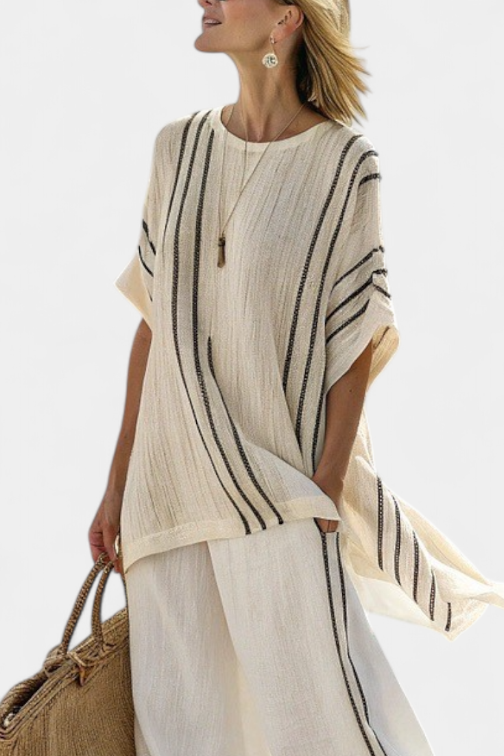 Greysen | Blusa de Linho Elegante em Marfim e Calças Listradas Pretas