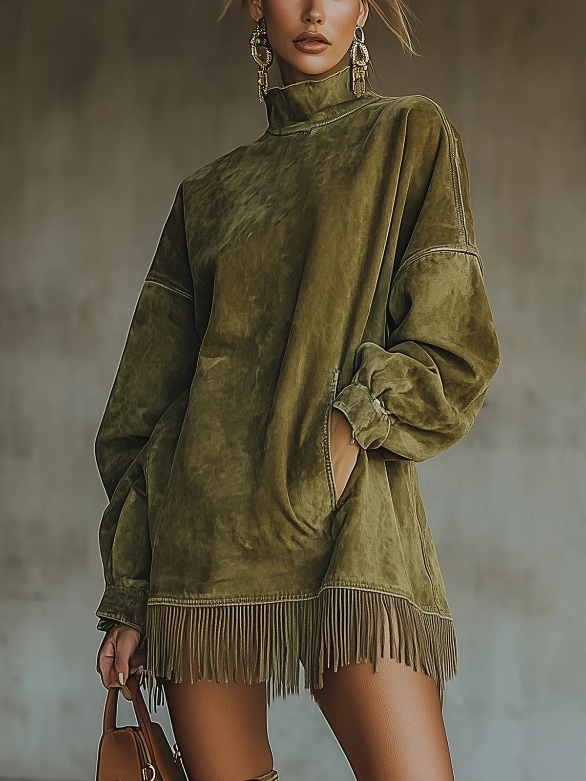 Vestido de Gola Alta em Suede Sintético