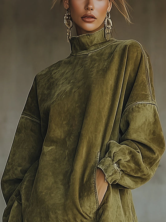Vestido de Gola Alta em Suede Sintético