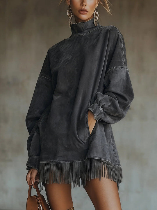 Vestido de Gola Alta em Suede Sintético
