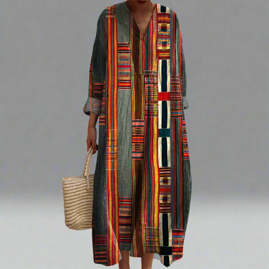 Marianne | Vestido Maxi Boho com Listras Geométricas