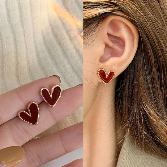 Brincos de Estudo de Esmalte em Forma de Coração Vermelho Elegante