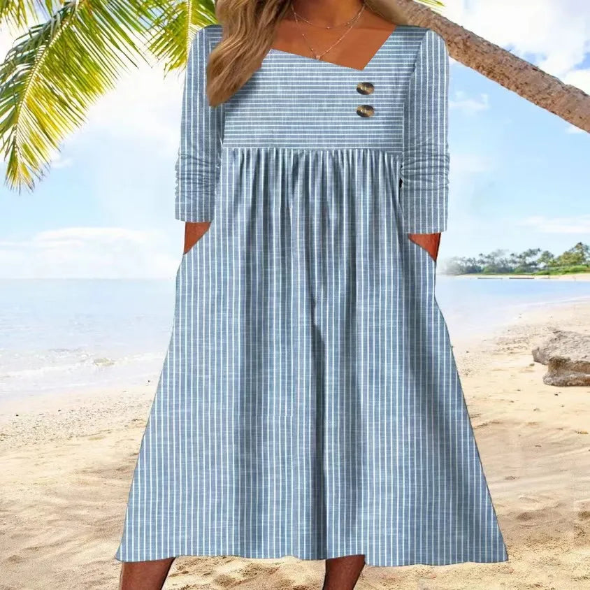 Katia | Vestido Midi de Algodão Listrado com Elegância Descontraída