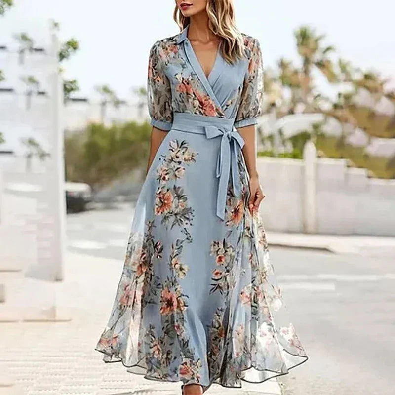 Vanessa™ - Vestido Maxi Boho com Decote em V e Laço