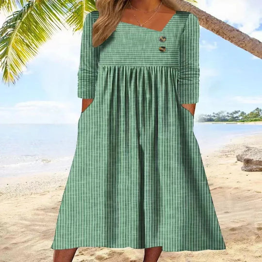 Malu | Vestido Midi de Algodão Listrado com Elegância Descontraída
