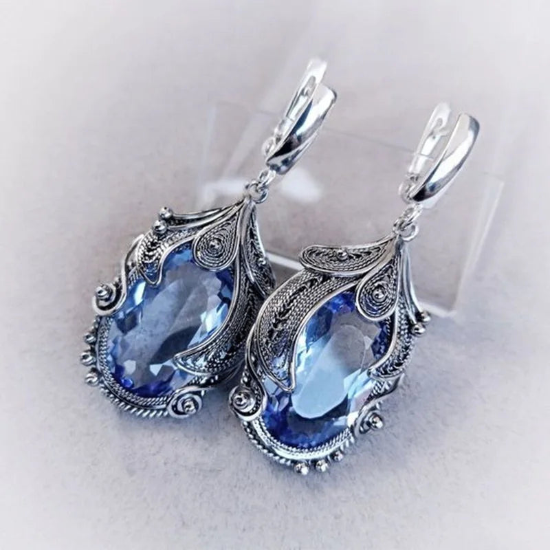 Brincos de Pedra Quartzo Azul Brincos de Cristal Retrô