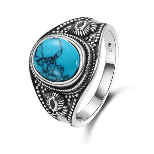 Anel Oval de Turquesa Prata Atemporal