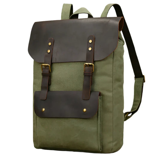 Mochila de Couro e Lona Genuine | Mochila Vintage para Laptop de Faculdade