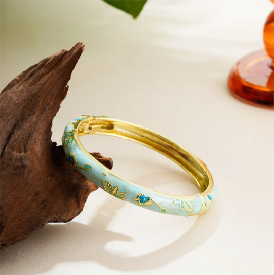 Pulseira Aberta Cloisonné Floral Vintage