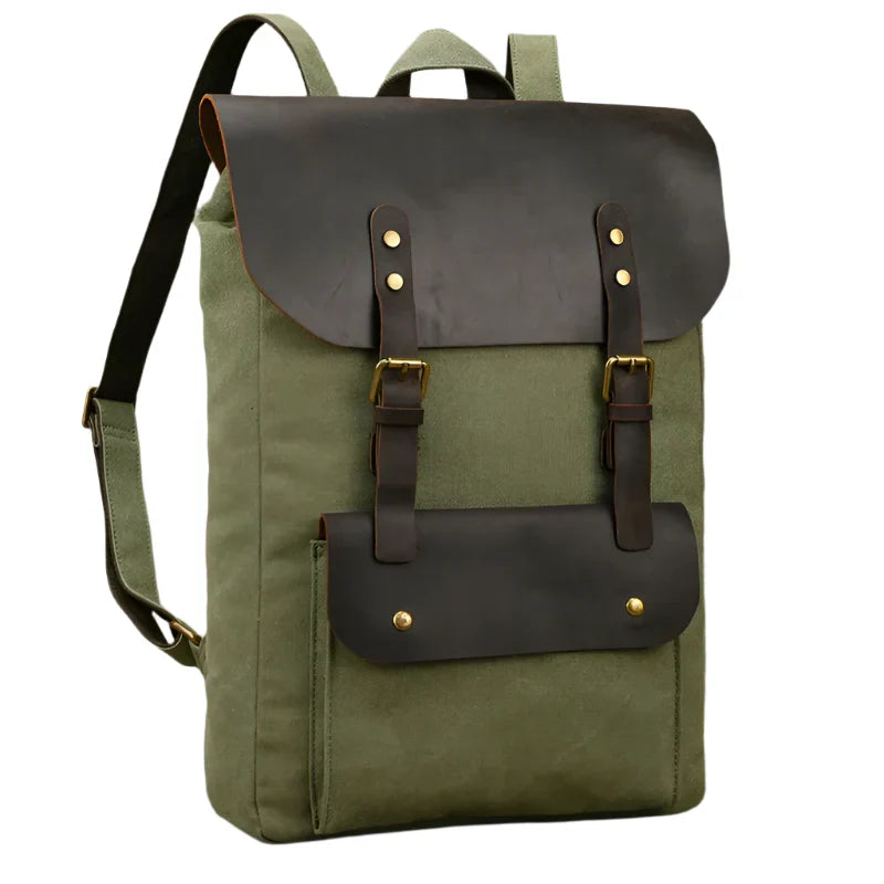 Mochila de Couro e Lona Genuine | Mochila Vintage para Laptop de Faculdade