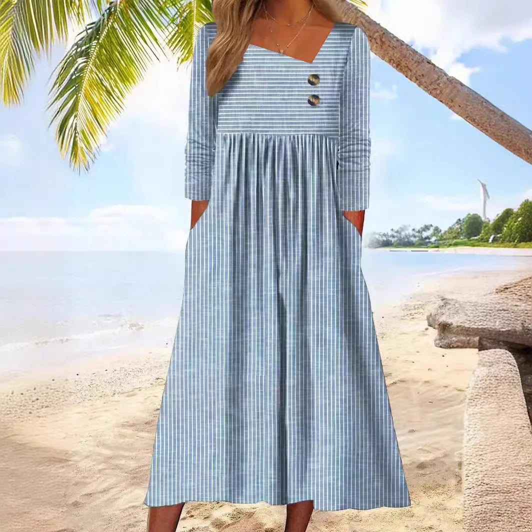 Katia | Vestido Midi de Algodão Listrado com Elegância Descontraída