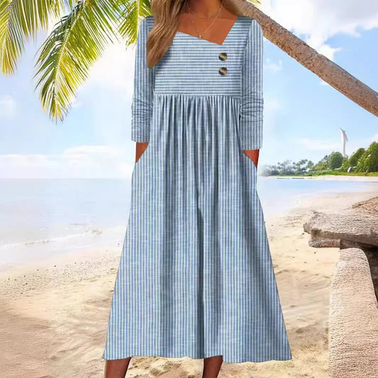 Katia | Vestido Midi de Algodão Listrado com Elegância Descontraída