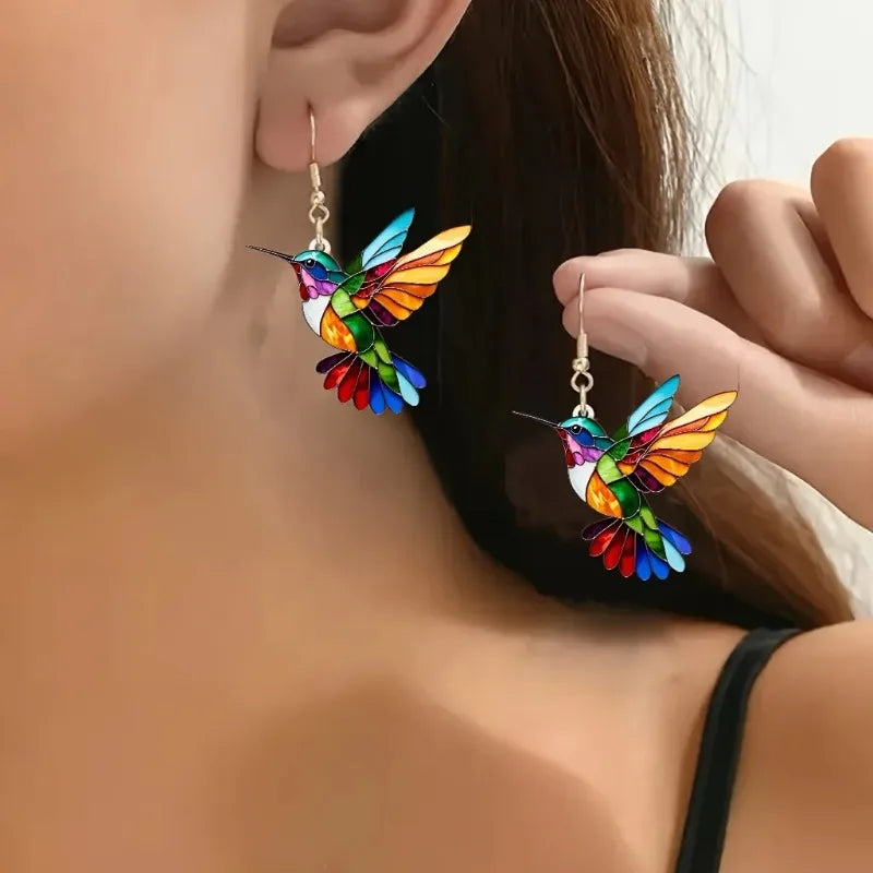 Brincos Pendentes de Beija-Flor em Acrílico – Design de Pássaro 2D Brilhante