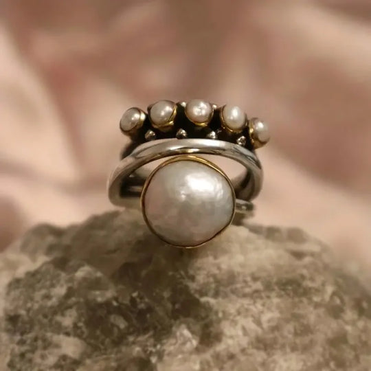 Conjunto de Anéis Empilháveis de Pérola Prateada
