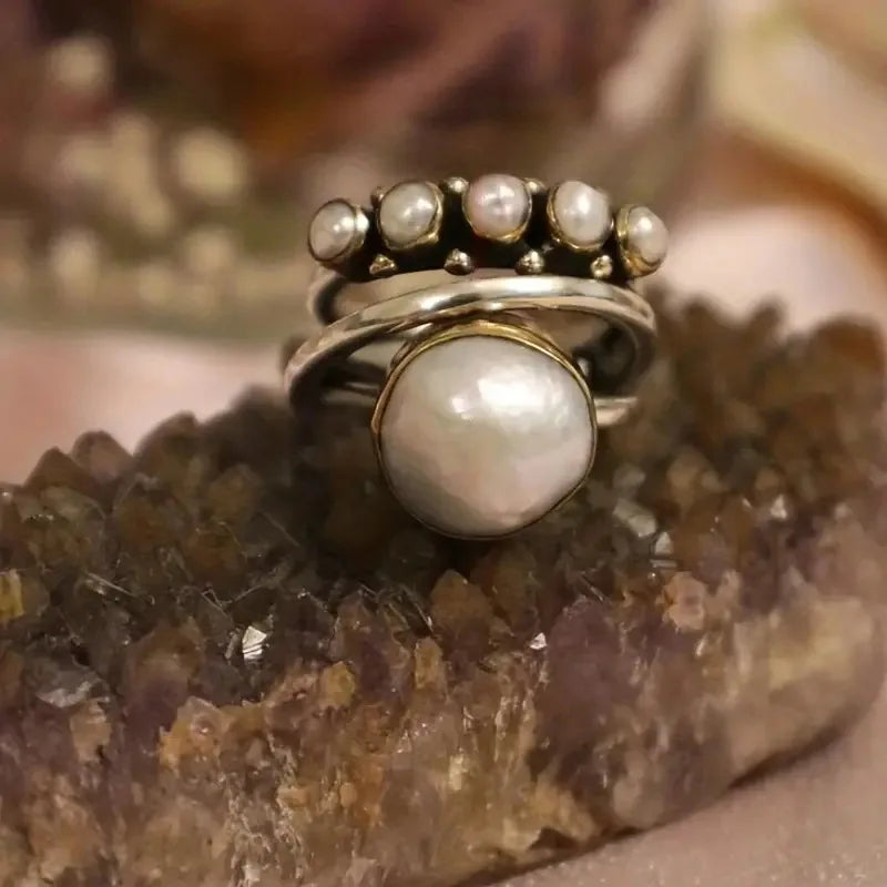 Conjunto de Anéis Empilháveis de Pérola Prateada