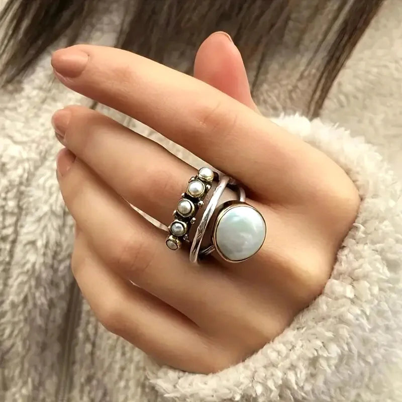 Conjunto de Anéis Empilháveis de Pérola Prateada