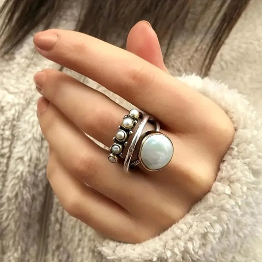 Conjunto de Anéis Empilháveis de Pérola Prateada