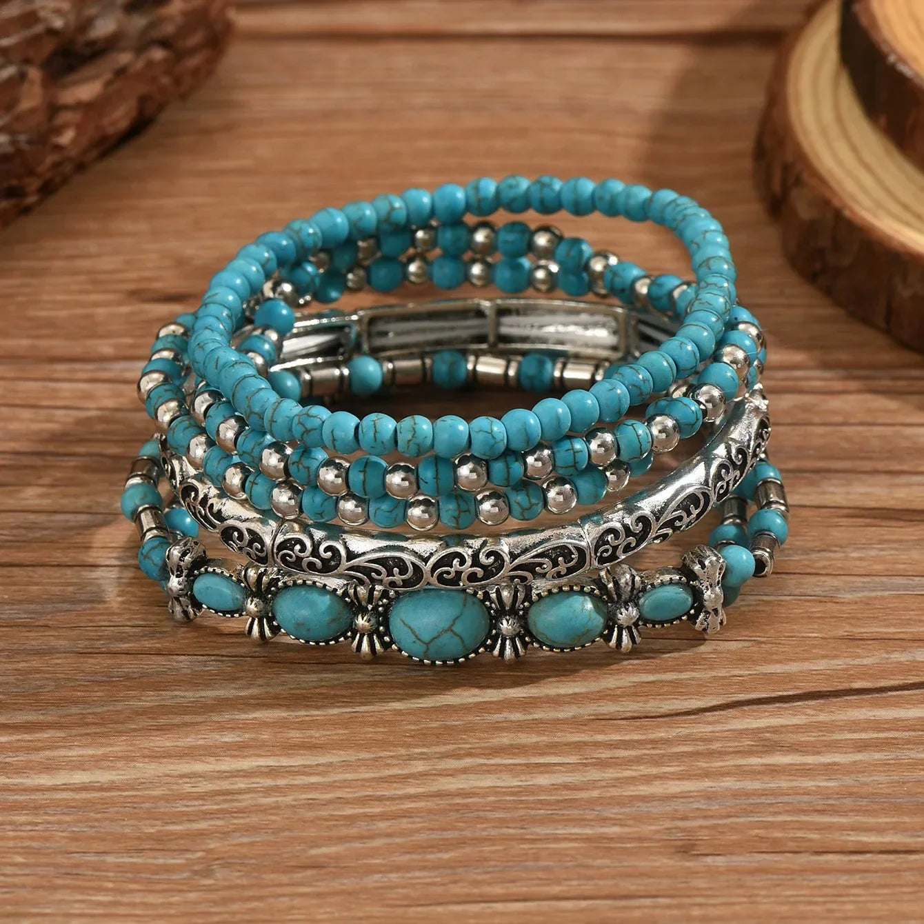 Conjunto de Pulseiras de Contas de Turquesa Boêmia