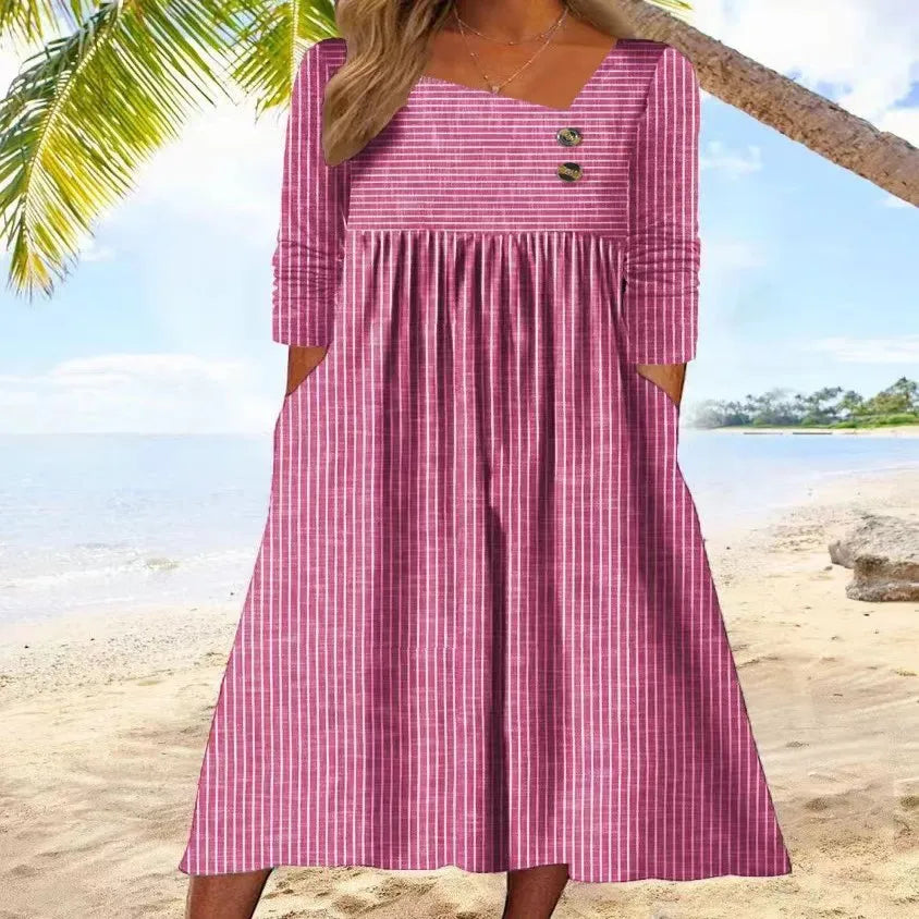 Bella | Vestido Midi de Algodão Listrado com Elegância Descontraída
