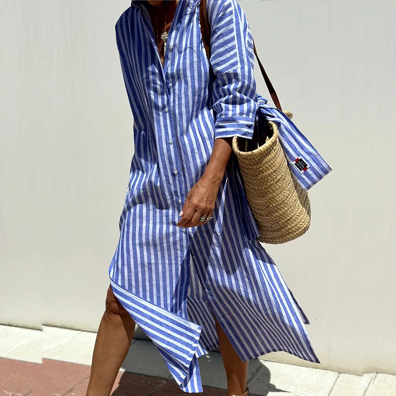Hazel - Vestido Midi Confortável Listrado Sofisticado