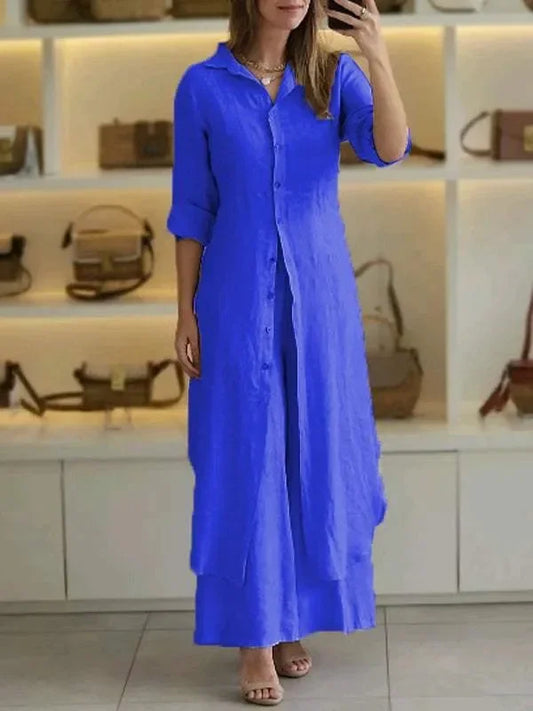 Alira – Vestido Blusa Relaxado e Calças de Linho de Perna Larga