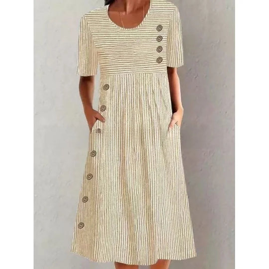 Tati | Vestido Midi de Algodão Listrado com Elegância Descontraída