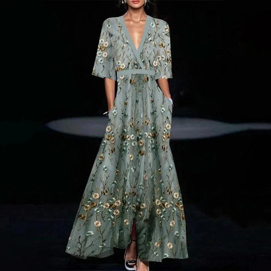 Hazel - Vestido Maxi Floral com Cinto e Decote em V